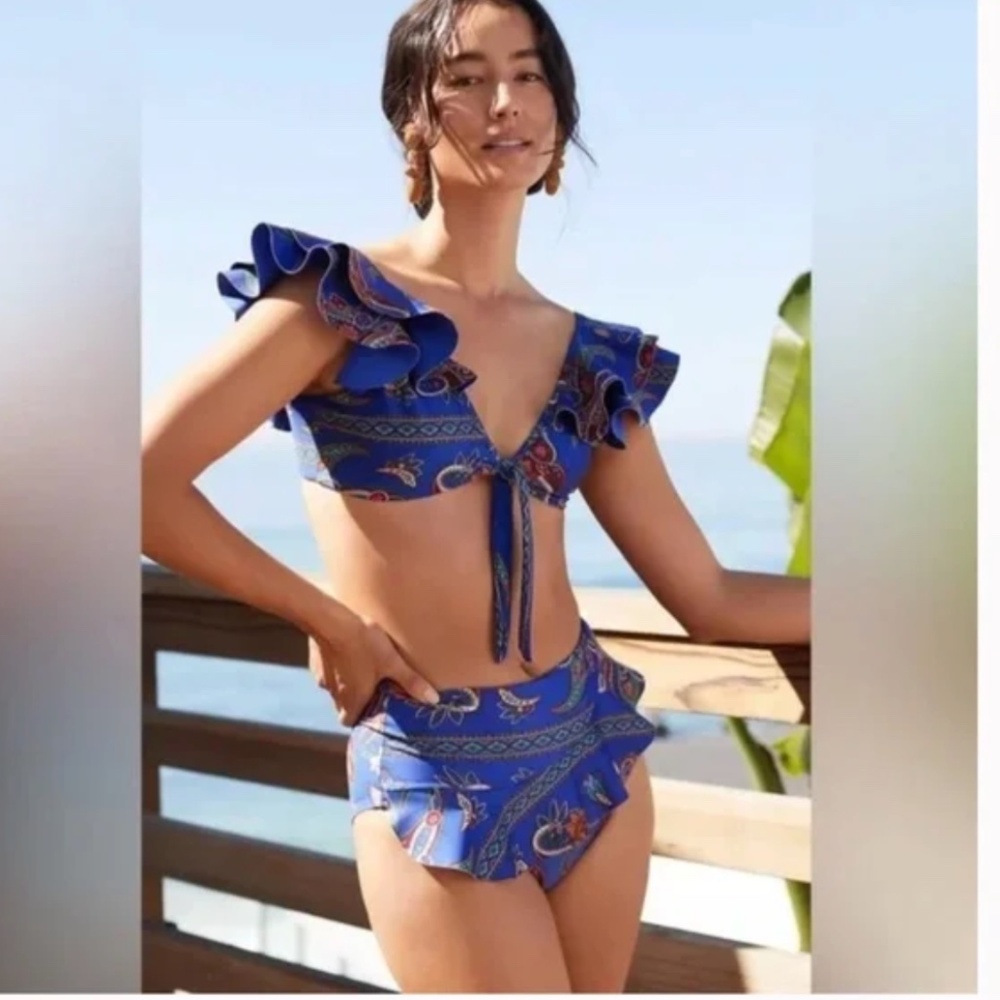Anthropologie Boamar Ruffled High-Waisted Bikini Bottoms Size S NWT